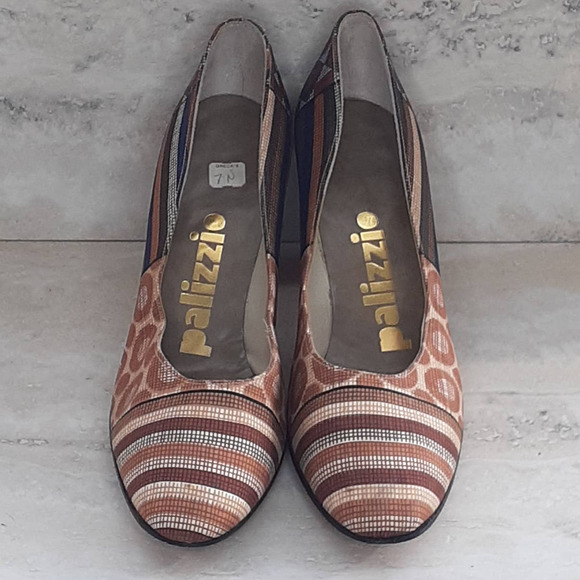 Ladies Vintage Palizzio Wooden Heeled Cloth & Leather Multi Colored Shoe 7AA - Picture 2 of 9